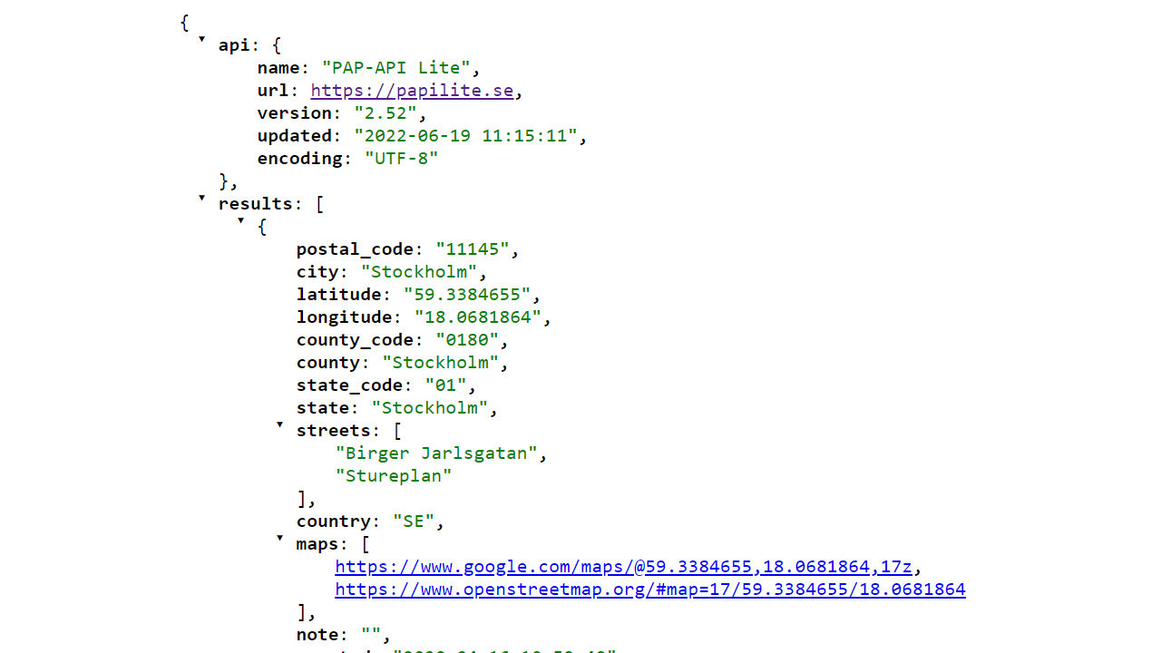 PAP/API Lite - JSON-svar efter anrop