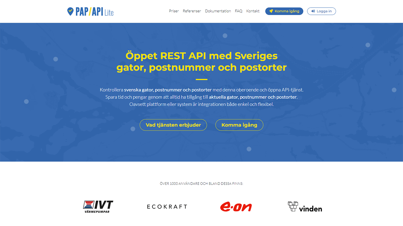 Välrenommerade API-tjänsten PAP/API Lite med validering av postnummer och postorter